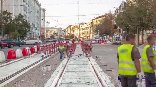 Tram Rails Stage Integration Concrete Plates Road Timelapse Workers Make — стоковое видео