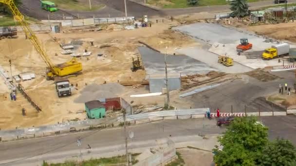 Aerial View Large Road Construction Site Several Industrial Machines Timelapse — Stock Video