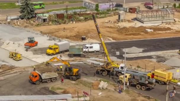 Aerial View Large Road Construction Site Several Industrial Machines Timelapse — Wideo stockowe