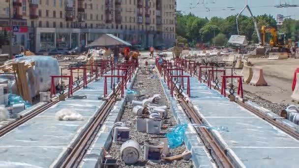 Tram Rails Final Stage Installation Integration Concrete Plates Covered Protective — Stockvideo