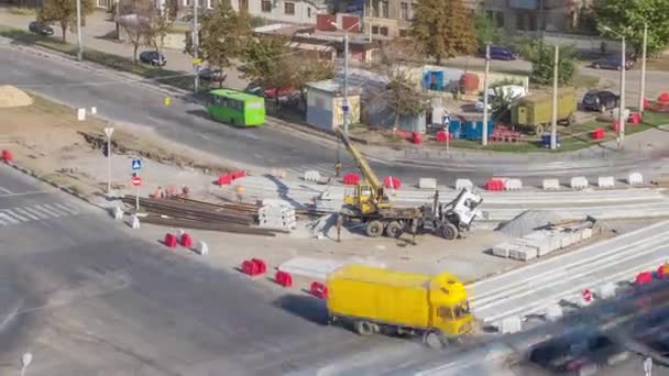 Loader Crane Loading Unloading Tram Rails Road Construction Site Aerial — Wideo stockowe