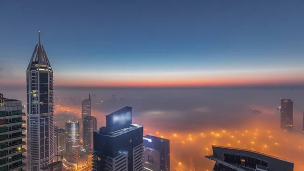 Rare Early Morning Winter Fog Dubai Marina Skyline Skyscrapers Lighted — Stock Photo, Image