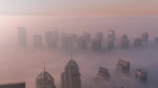 Fog Covered Jlt Skyscrapers Marina Towers Sheikh Zayed Road Aerial — Stock Photo, Image