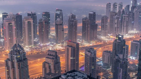Jlt Skyscrapers Marina Towers Sheikh Zayed Road Aerial Night Day — Stock Photo, Image