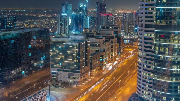 Dubai Business Bay Office Buildings Aerial Night Street Traffic Rooftop —  Fotos de Stock