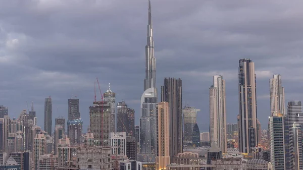 Panoramic Skyline Dubai Downtown District Business Bay Night Day Transition — Stock Fotó