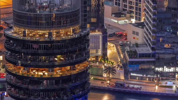 Dubai Marina Waterfront Building Different Restaurants Each Floor Aerial Night — Stockfoto