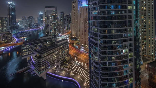 Panorama Showing Aerial View Dubai Marina Illuminated Skyscrapers Canal Floating — Stock Fotó