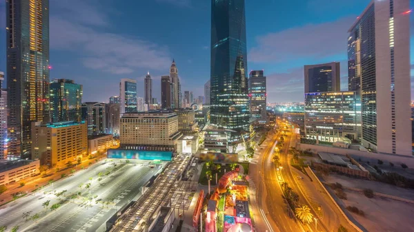 Dubai International Financial District Night Day Transition Panoramic Aerial View — Zdjęcie stockowe