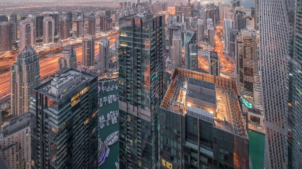 Dubai Marina Jlt District Traffic Highway Skyscrapers Aerial Night Day — Stockfoto