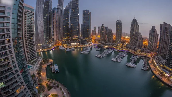 Dubai Marina Tallest Skyscrapers Yachts Harbor Aerial Night Day Transition — Stock Photo, Image