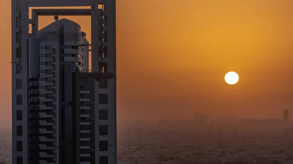 Sunrise Skyscrapers Barsha Heights District Villa Houses Power Lines Aerial — Zdjęcie stockowe