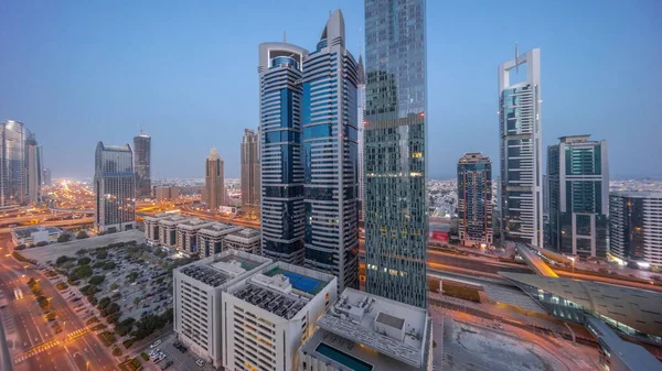 Aerial Panoramic View Dubai International Financial District Many Skyscrapers Night — Foto Stock