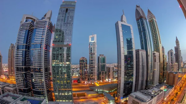 Panorama Dubai International Financial District Many Skyscrapers Night Day Transition —  Fotos de Stock