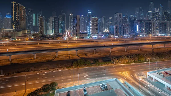 Panorama Showing Dubai Marina Tallest Block Skyscrapers Night Aerial View — Stock Photo, Image
