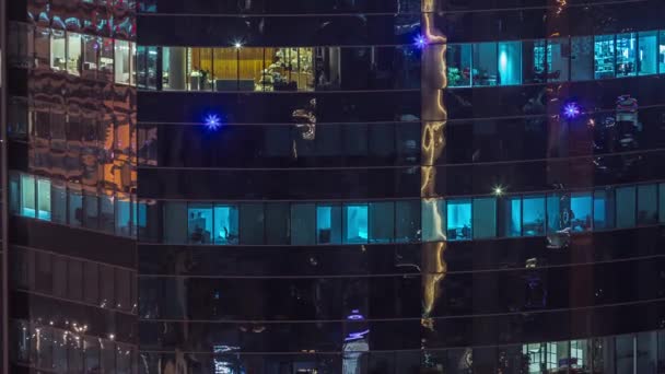 Kontorsfönster Lampor Moderna Höghus Timelapse Natten Flervånings Skyskrapor Med Belysta — Stockvideo