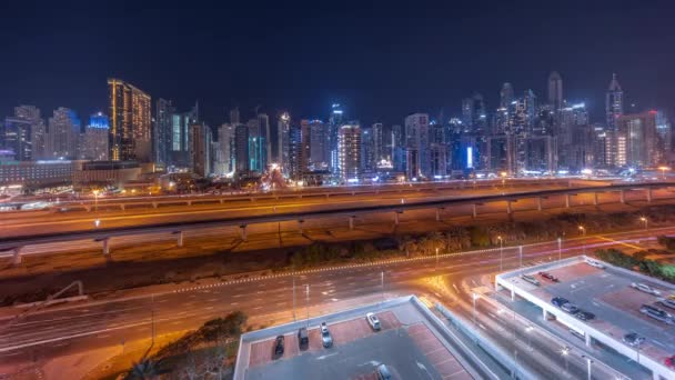 Panorama Dubajského Přístavu Nejvyšší Blok Mrakodrapů Během Celé Noci Timelapse — Stock video