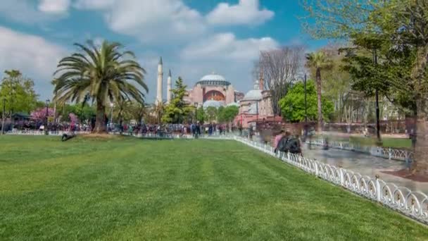 在土耳其伊斯坦布尔Hagia Sophia博物馆前 游客们正享受着绿草般的时光 大教堂是伊斯坦布尔的世界奇观 Hagia Sophia公园 — 图库视频影像