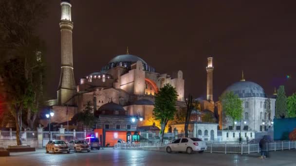 Illuminated Hagia Sophia Timelapse Ancient Orthodox Temple Istanbul Illuminated Twilight — Vídeo de Stock