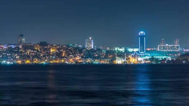 Night Timelapse View Besiktas District Some Illuminated Skyscrapers Mosque Istanbul — Stockvideo