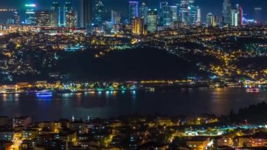 Night timelapse top aerial view of besiktas district with some skyscrapers in istanbul taken from asian part of the city on Camlica hill. Reflection on Bosphorus water