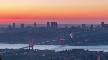 Istanbul city skyline cityscape time lapse from day to night aerial view of bosphorus bridge 15th July Martyrs Bridge and financial business center from Camlica hill. Traffic on the bridge and ship