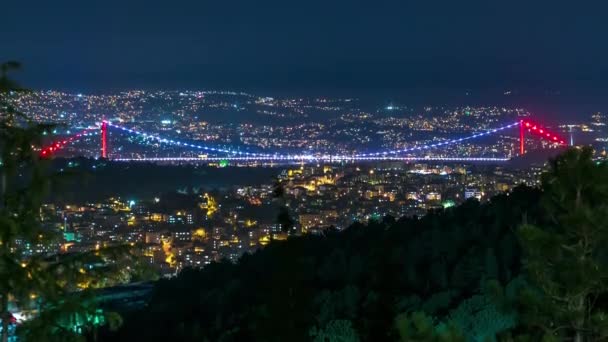 Işıklı Fatih Sultan Mehmet Köprüsü Görünümü Asya Avrupa Gece Timelapse — Stok video