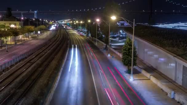 Night Traffic View India Avenue Belem Zone Lisbon Portugal Car — Vídeo de Stock