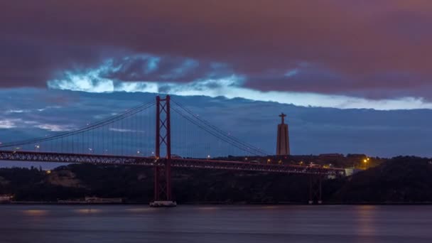 Lisbon City Sunrise April Bridge Night Day Transition Timelapse Cristo — Stok video