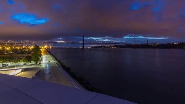 Lisbon City Sunrise April Bridge Night Day Transition Panoramic Timelapse — 图库视频影像