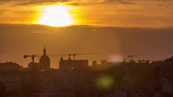 Lizbona Zachodzie Słońca Widok Lotu Ptaka Centrum Miasta Pomarańczowym Niebem — Wideo stockowe