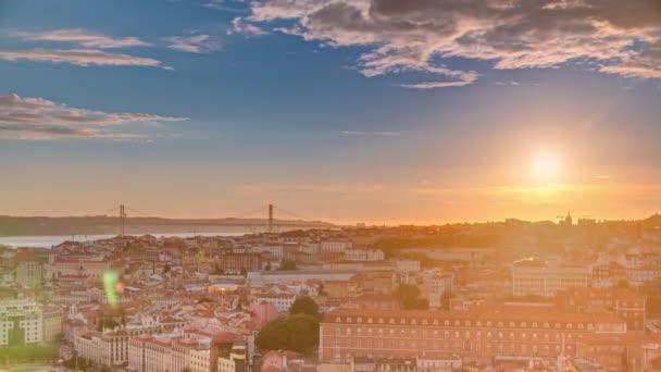 Lisbon Sunset Aerial Panorama View City Centre Red Roofs Autumn — 图库视频影像