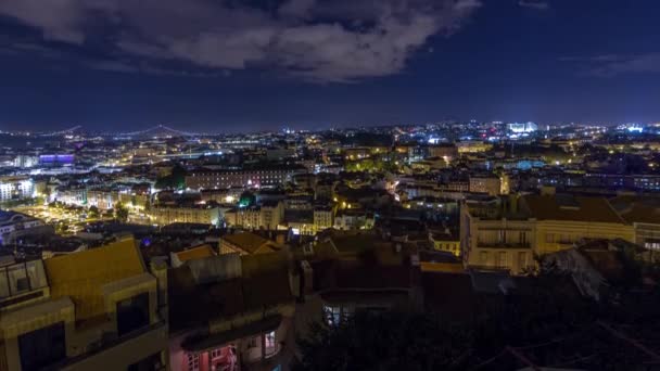 Lizbon Şehir Merkezinin Sonbahar Gecesinde Aydınlatılmış Binaları Olan Panorama Portekiz — Stok video