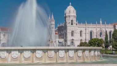 Jeronimos monastery and fountain seen from the Imperio garden timelapse in Lisbon, Portugal. World Heritage as a masterpiece of the Manueline art.