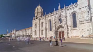 Hieronymites Monastery Mosteiro dos Jeronimos located in the Belem district of Lisbon timelapse hyperlapse, Portugal. A magnificent monastery, typical example of the Manueline style.