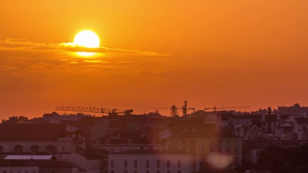 Lisbon Sunset Aerial Skyline City Centre Red Roofs Orange Sky — Stok video