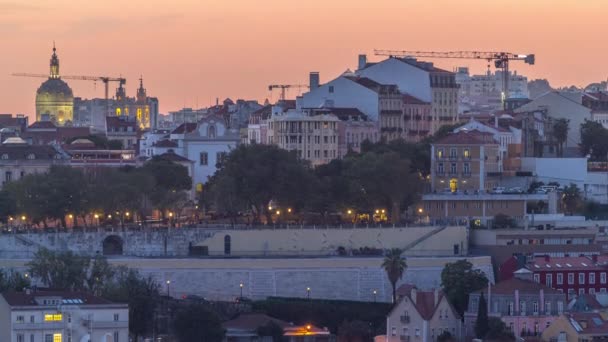 Lisbon Sunset Aerial View City Centre Roofs Dome Autumn Day — Stok video