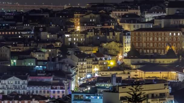 Lisszabon Városközpontjának Légi Áttekintése Megvilágított Épületekkel Tetőterasszal Éjszaka Portugália Top — Stock videók