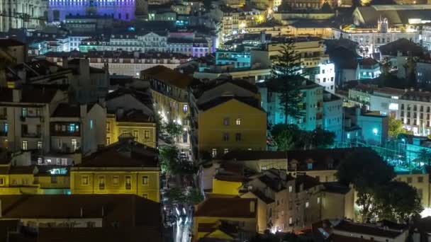 Lisbon Aerial Overview City Centre Illuminated Buildings Roads Night Timelapse — Stok video