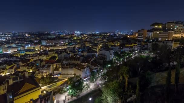 Лісабонський Повітряний Панорамний Огляд Центру Міста Освітленими Будинками Нічний Час — стокове відео