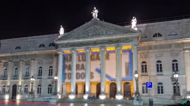 Rossio Square Front Illuminated National Theater Dona Maria Night Timelapse — 图库视频影像