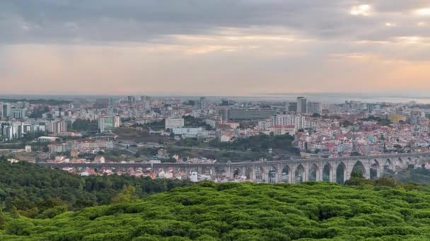 Lisbon Almada Sunrise Viewpoint Monsanto Morning Timelapse Aerial Top View — Stock Video