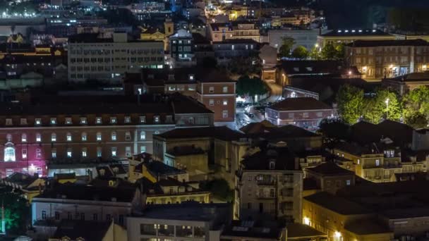 Lisbon Aerial Night Overview City Centre Illuminated Buildings Autumn Timelapse — Stock video