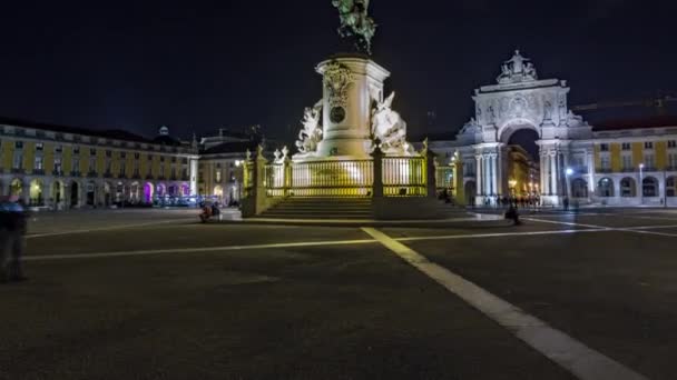 Triumphal Arch Rua Augusta Illuminated Bronze Statue King Jose Commerce — стокове відео