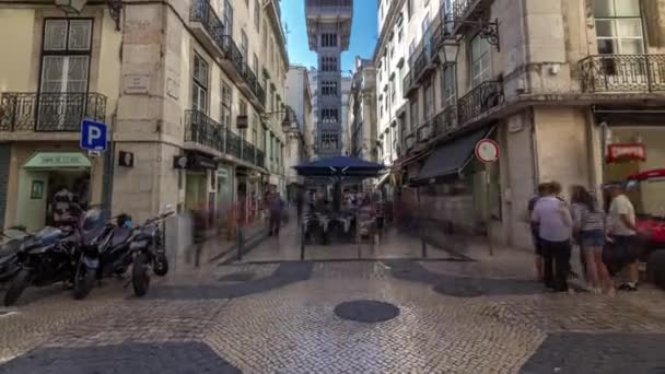 Santa Justa Elevator Timelapse Hyperlapse Lisbon Portugal Blue Sky Background — Wideo stockowe