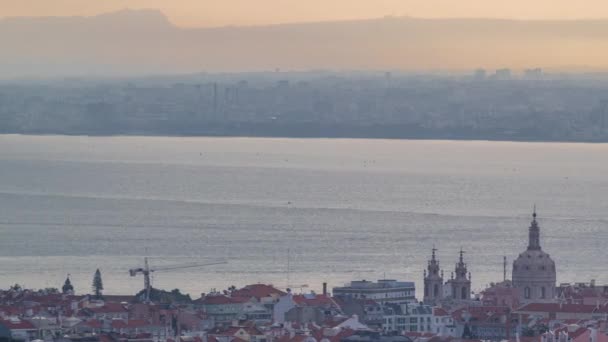 Panorama Sunrise Lisbon Almada Viewpoint Monsanto Morning Timelapse Aerial Top — Vídeo de stock