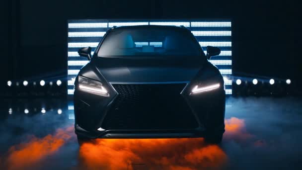 Car Glowing Headlights Bright Ray Beams Moving Black Background Led — 图库视频影像