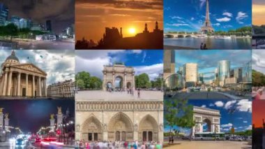 Multi Screen Collage of Paris timelapse hyperlapse, France. Collection of footage with the most famous parisian landmarks: Eiffel tower, Triumphal Arch, Notre Dame, defense skyscrapers panning right