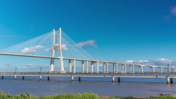 Vasco Gama Bridge Timelapse Hyperlapse Cable Stayed Longest Bridge Flanked — 图库视频影像