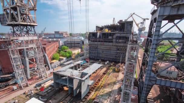 Construction Large Ship Shipyard Cranes Timelapse Fragment Case Workshop Plant — Video